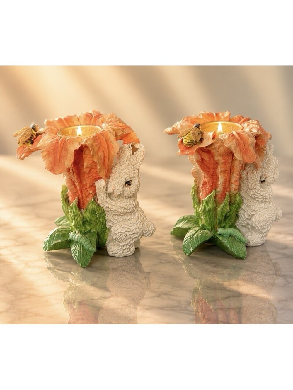 Vintage 1990s Set Of 2 Bunny Rabbit Floral Resin Tealight Candle Holders, 3x4”
